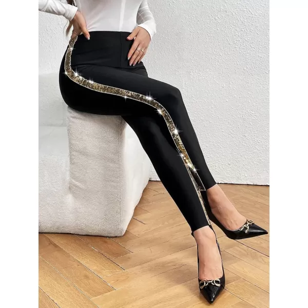 SweatyRocks Women's Casual High Elastic Waist Leggings Rhinestone Side Skinny Pants Tights