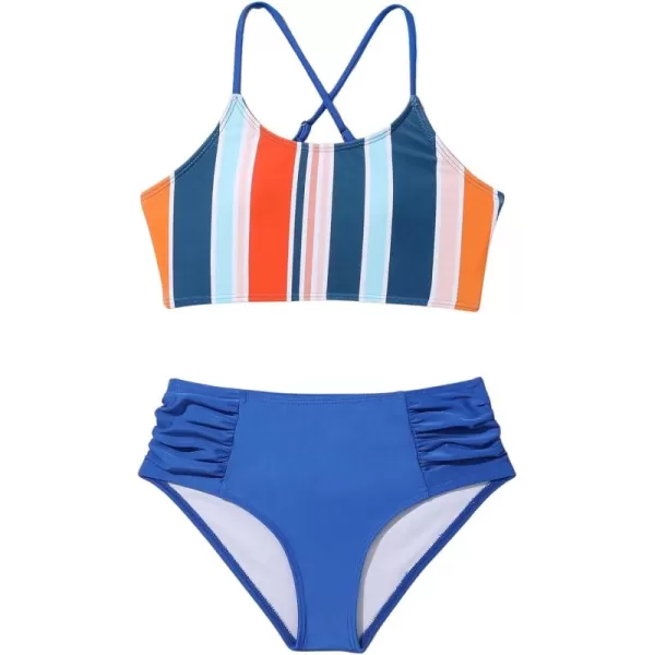 SweatyRocks Girl's 2 Piece Bathing Suits Striped Print Spaghetti Strap Criss Cross Bikini Set High Waist Swimsuit