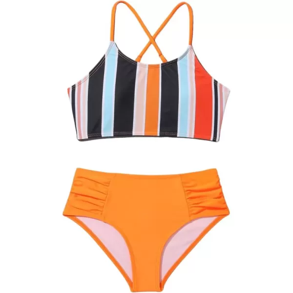 SweatyRocks Girl's 2 Piece Bathing Suits Striped Print Spaghetti Strap Criss Cross Bikini Set High Waist Swimsuit