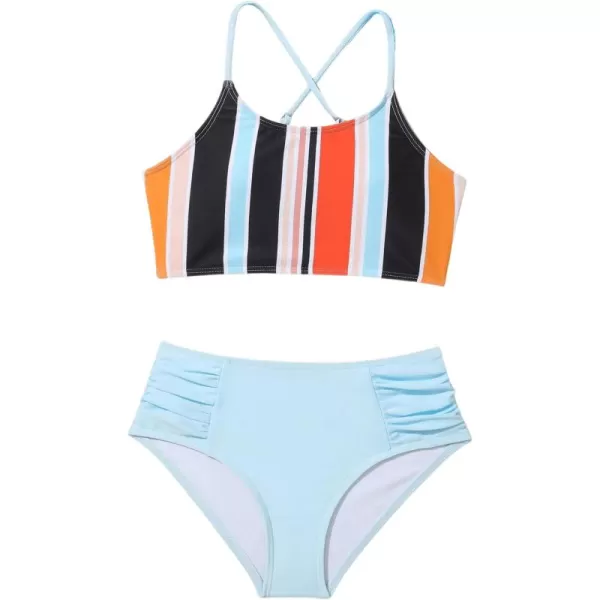 SweatyRocks Girl's 2 Piece Bathing Suits Striped Print Spaghetti Strap Criss Cross Bikini Set High Waist Swimsuit