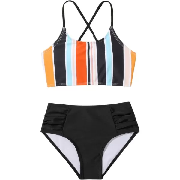 SweatyRocks Girl's 2 Piece Bathing Suits Striped Print Spaghetti Strap Criss Cross Bikini Set High Waist Swimsuit