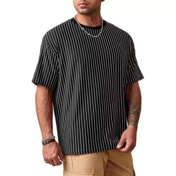 SweatyRocks Men's Heavyweight Striped Print Round Neck T Shirt Short Sleeve Drop Shoulder Casual Basic Loose Tops