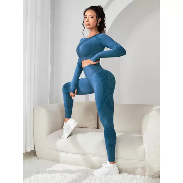 SweatyRocks Women's 2 Piece Sports Outfit Solid Cut Out Back Long Sleeve Crop Top and Leggings Set Activewear