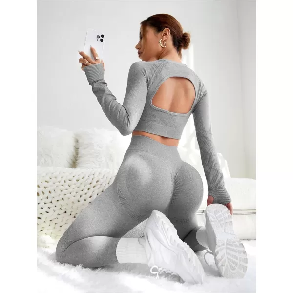SweatyRocks Women's 2 Piece Sports Outfit Solid Cut Out Back Long Sleeve Crop Top and Leggings Set Activewear