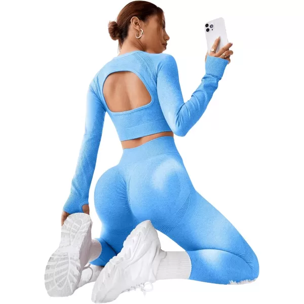 SweatyRocks Women's 2 Piece Sports Outfit Solid Cut Out Back Long Sleeve Crop Top and Leggings Set Activewear