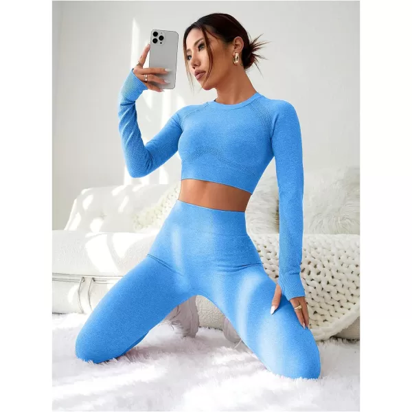 SweatyRocks Women's 2 Piece Sports Outfit Solid Cut Out Back Long Sleeve Crop Top and Leggings Set Activewear