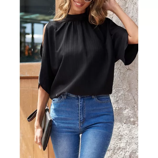SweatyRocks Women's Cold Shoulder Tops Blouses Dressy Casual Mock Neck Loose Work Shirts