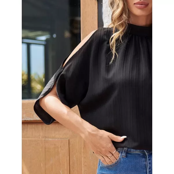 SweatyRocks Women's Cold Shoulder Tops Blouses Dressy Casual Mock Neck Loose Work Shirts