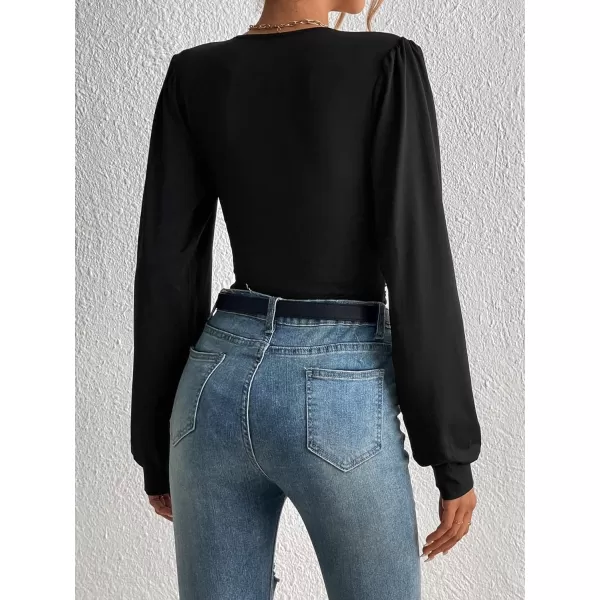 SweatyRocks Women's Deep V Neck Long Sleeve Slim Fit Ruched Blouse Bodysuit Jumpsuit