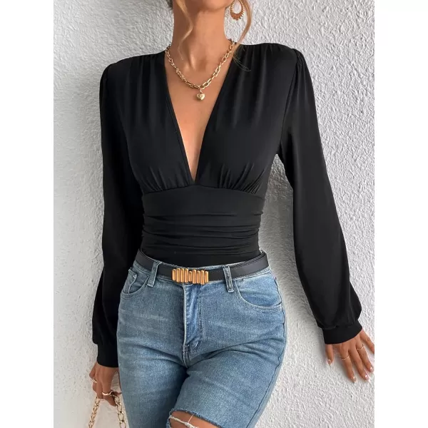 SweatyRocks Women's Deep V Neck Long Sleeve Slim Fit Ruched Blouse Bodysuit Jumpsuit