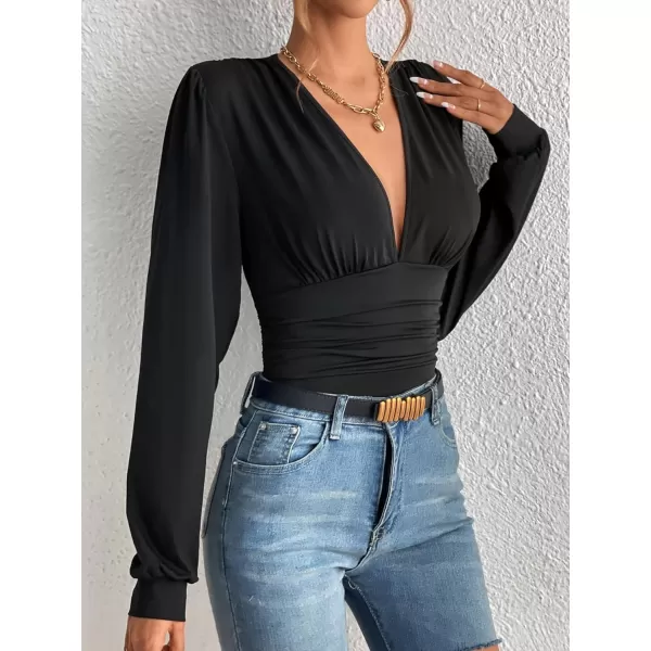 SweatyRocks Women's Deep V Neck Long Sleeve Slim Fit Ruched Blouse Bodysuit Jumpsuit