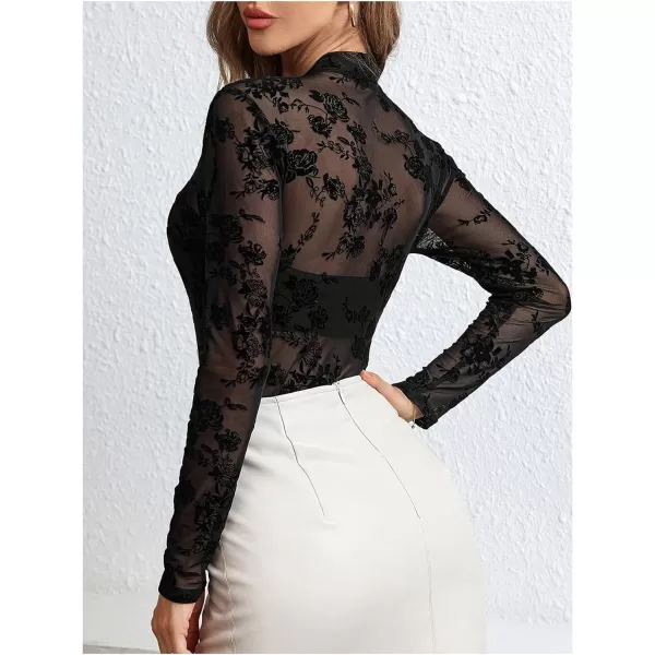 SweatyRocks Women's Mock Neck Leopard Long Sleeve Mesh Bodysuit Leotard