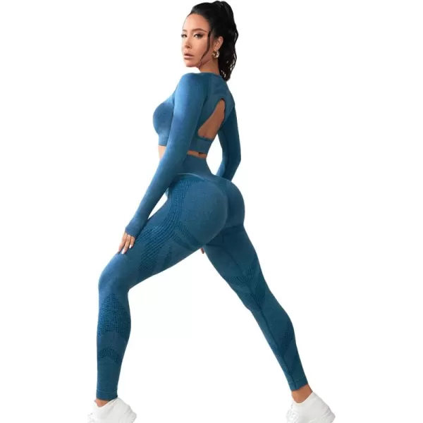 SweatyRocks Women's 2 Piece Sports Outfit Solid Cut Out Back Long Sleeve Crop Top and Leggings Set Activewear