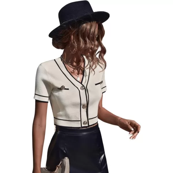 SweatyRocks Women's Casual V Neck Short Sleeve Cardigan Button Front Slim Fit Crop Knit Top