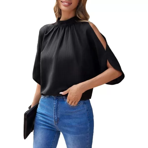 SweatyRocks Women's Cold Shoulder Tops Blouses Dressy Casual Mock Neck Loose Work Shirts