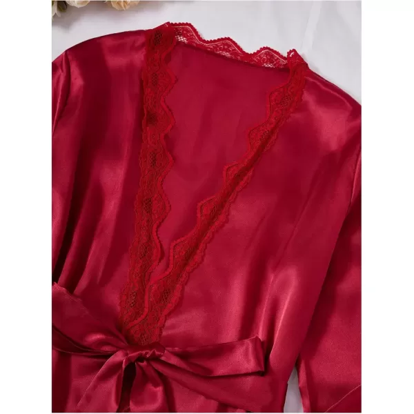 imageSweatyRocks Womens Silk Pajamas Set 4pcs with Robe Lace Trim Shorts Lounge Sets Pants SleepwearBurgundy