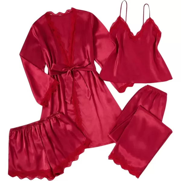 imageSweatyRocks Womens Silk Pajamas Set 4pcs with Robe Lace Trim Shorts Lounge Sets Pants SleepwearBurgundy