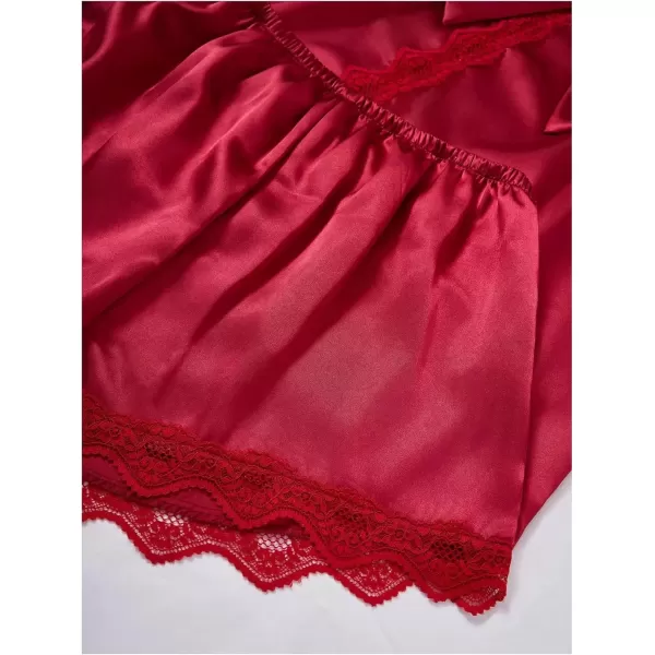 imageSweatyRocks Womens Silk Pajamas Set 4pcs with Robe Lace Trim Shorts Lounge Sets Pants SleepwearBurgundy