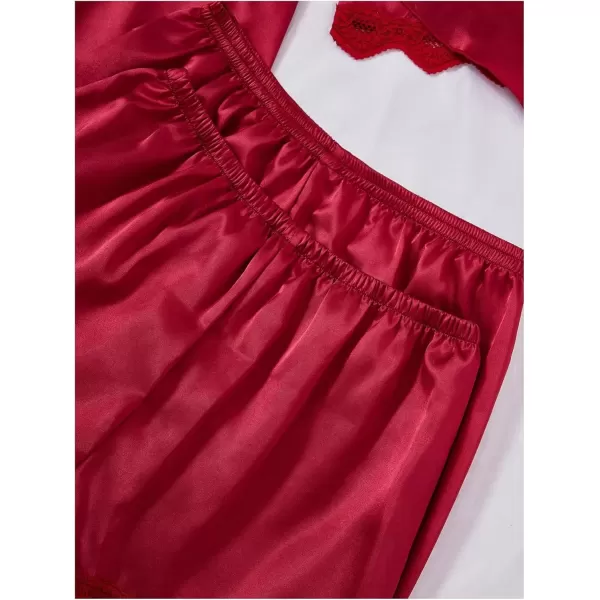 imageSweatyRocks Womens Silk Pajamas Set 4pcs with Robe Lace Trim Shorts Lounge Sets Pants SleepwearBurgundy