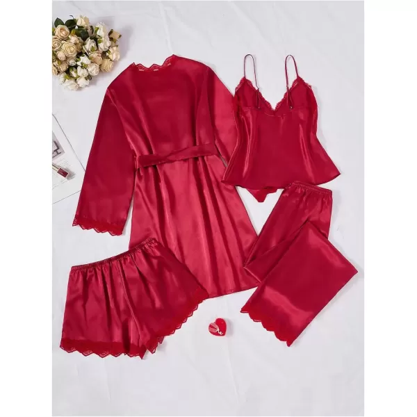 imageSweatyRocks Womens Silk Pajamas Set 4pcs with Robe Lace Trim Shorts Lounge Sets Pants SleepwearBurgundy
