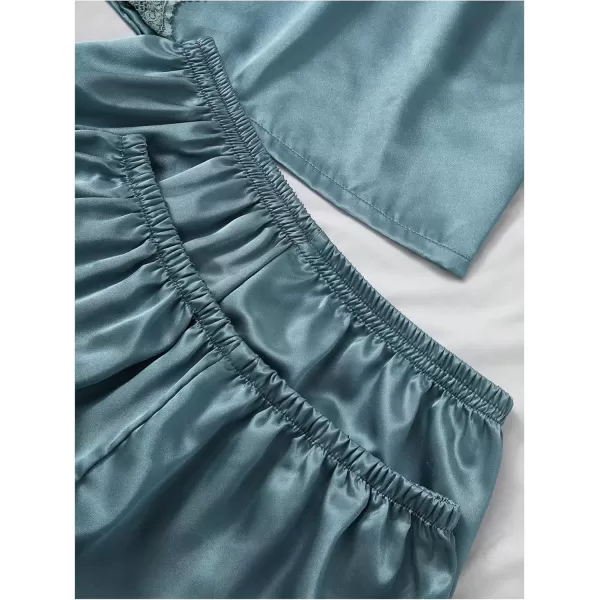 imageSweatyRocks Womens Silk Pajamas Set 4pcs with Robe Lace Trim Shorts Lounge Sets Pants SleepwearCadet Blue