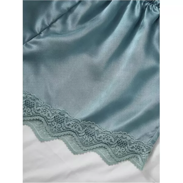 imageSweatyRocks Womens Silk Pajamas Set 4pcs with Robe Lace Trim Shorts Lounge Sets Pants SleepwearCadet Blue