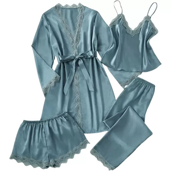 imageSweatyRocks Womens Silk Pajamas Set 4pcs with Robe Lace Trim Shorts Lounge Sets Pants SleepwearCadet Blue