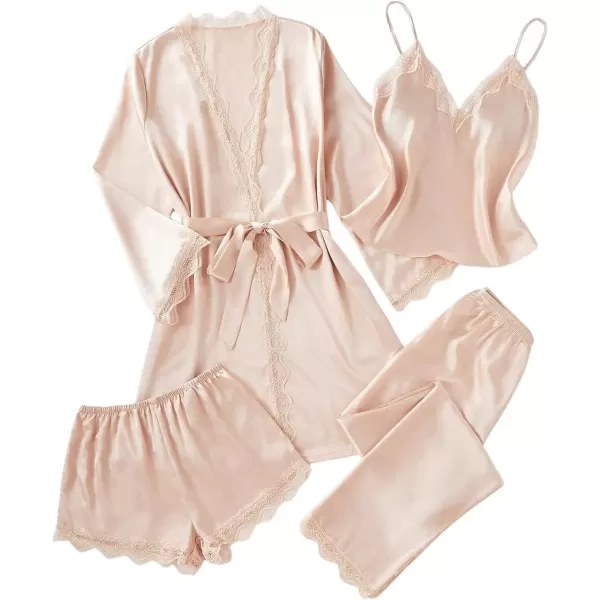 imageSweatyRocks Womens Silk Pajamas Set 4pcs with Robe Lace Trim Shorts Lounge Sets Pants SleepwearChampagne