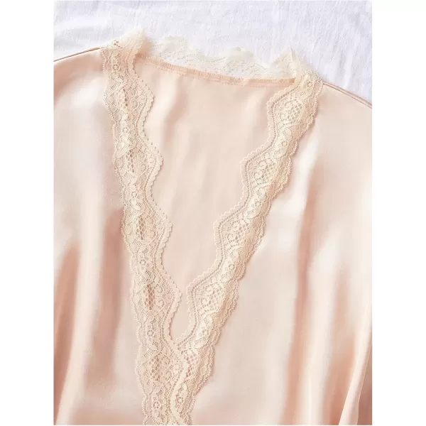 imageSweatyRocks Womens Silk Pajamas Set 4pcs with Robe Lace Trim Shorts Lounge Sets Pants SleepwearChampagne
