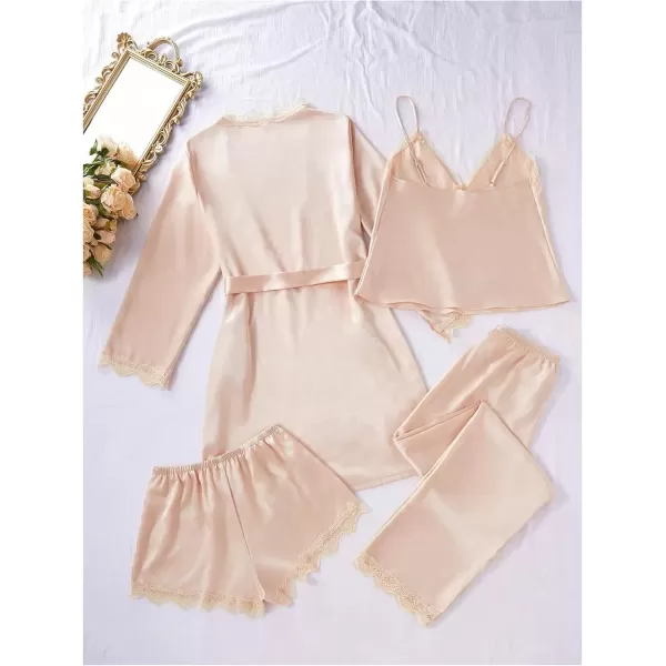 imageSweatyRocks Womens Silk Pajamas Set 4pcs with Robe Lace Trim Shorts Lounge Sets Pants SleepwearChampagne