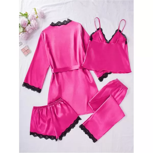 imageSweatyRocks Womens Silk Pajamas Set 4pcs with Robe Lace Trim Shorts Lounge Sets Pants SleepwearHot Pink