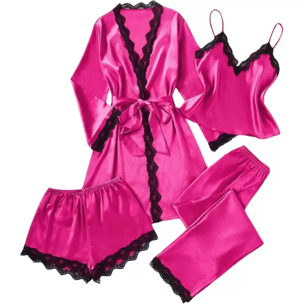 imageSweatyRocks Womens Silk Pajamas Set 4pcs with Robe Lace Trim Shorts Lounge Sets Pants SleepwearHot Pink