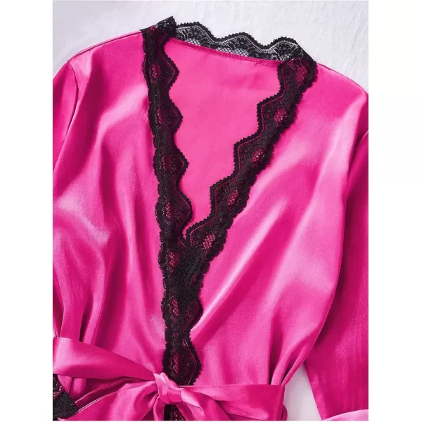 imageSweatyRocks Womens Silk Pajamas Set 4pcs with Robe Lace Trim Shorts Lounge Sets Pants SleepwearHot Pink