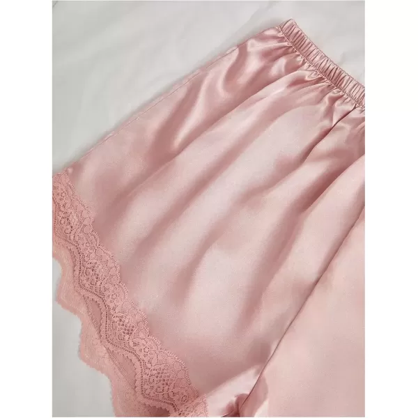 imageSweatyRocks Womens Silk Pajamas Set 4pcs with Robe Lace Trim Shorts Lounge Sets Pants SleepwearPink