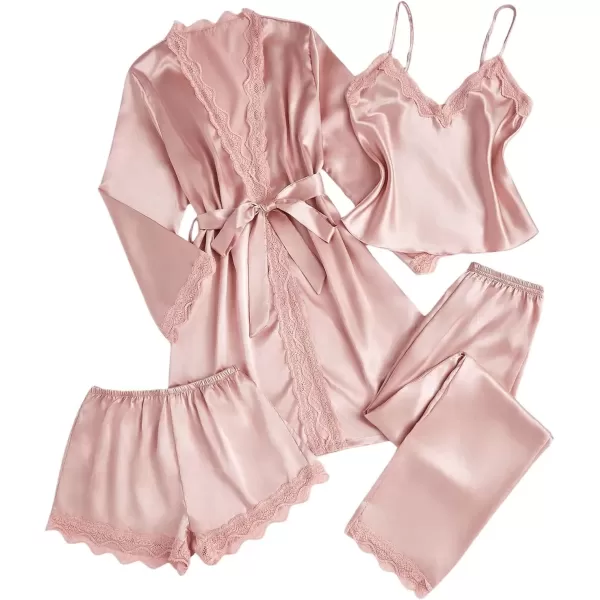 imageSweatyRocks Womens Silk Pajamas Set 4pcs with Robe Lace Trim Shorts Lounge Sets Pants SleepwearPink