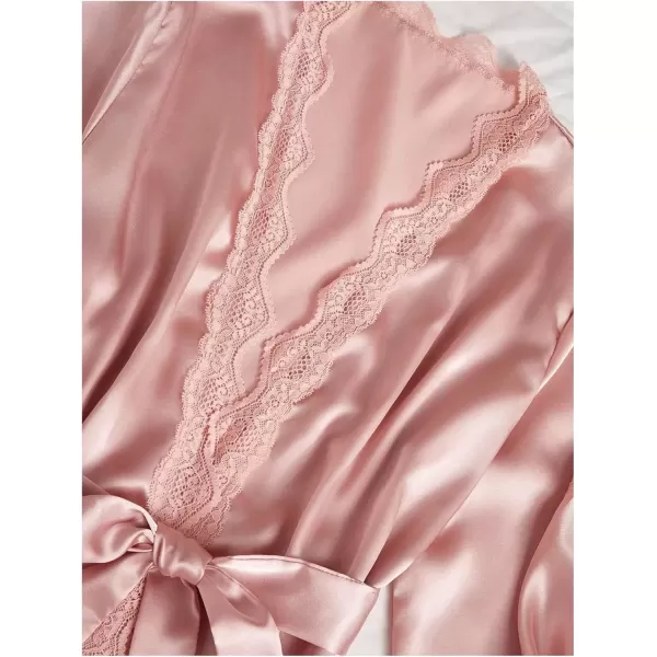 imageSweatyRocks Womens Silk Pajamas Set 4pcs with Robe Lace Trim Shorts Lounge Sets Pants SleepwearPink