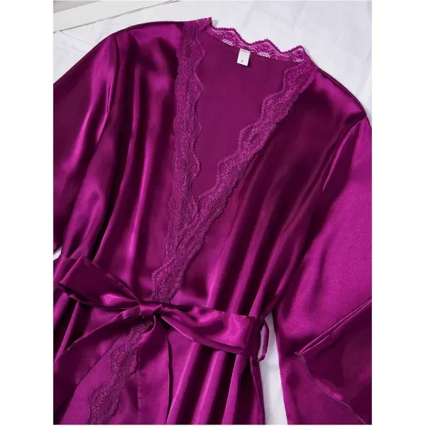 imageSweatyRocks Womens Silk Pajamas Set 4pcs with Robe Lace Trim Shorts Lounge Sets Pants SleepwearPurple