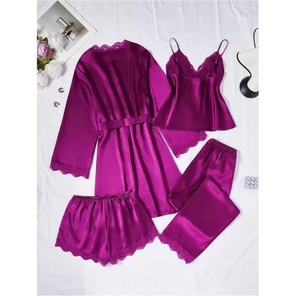 imageSweatyRocks Womens Silk Pajamas Set 4pcs with Robe Lace Trim Shorts Lounge Sets Pants SleepwearPurple