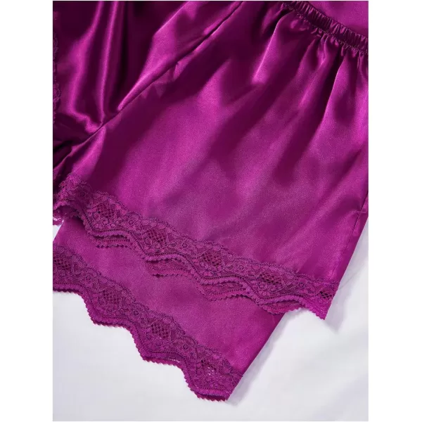 imageSweatyRocks Womens Silk Pajamas Set 4pcs with Robe Lace Trim Shorts Lounge Sets Pants SleepwearPurple