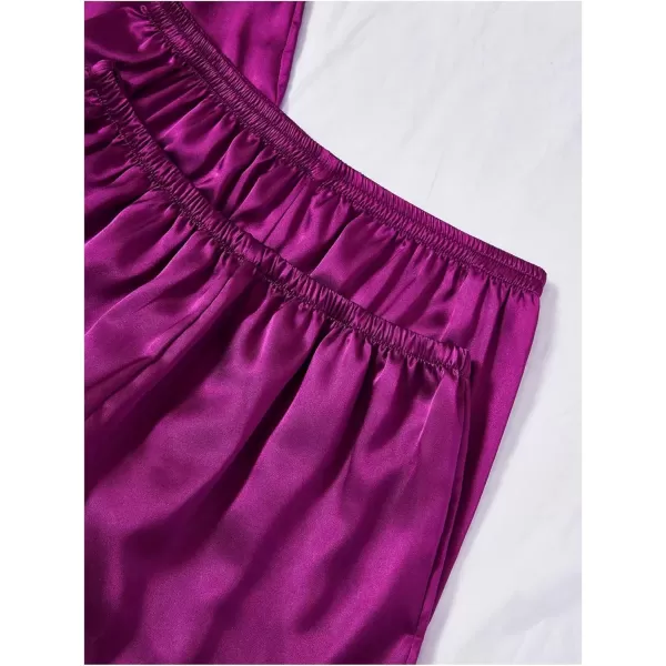 imageSweatyRocks Womens Silk Pajamas Set 4pcs with Robe Lace Trim Shorts Lounge Sets Pants SleepwearPurple