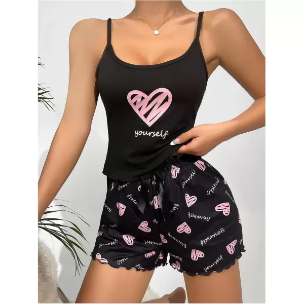 imageSweatyRocks Womens Sleepwear Set Plaid Print Cami Top and Elastic Waist Short Pajama SetBlack Heart