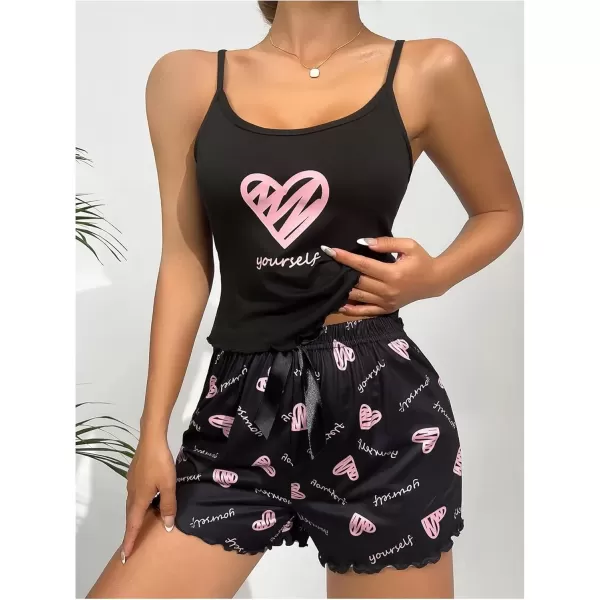 imageSweatyRocks Womens Sleepwear Set Plaid Print Cami Top and Elastic Waist Short Pajama SetBlack Heart