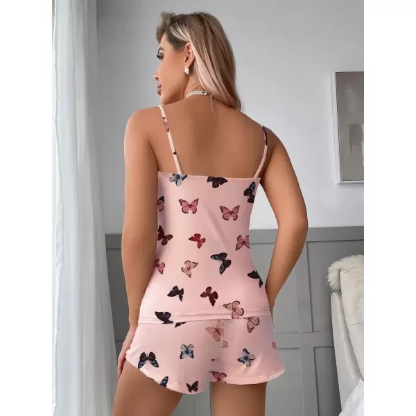 imageSweatyRocks Womens Sleepwear Set Plaid Print Cami Top and Elastic Waist Short Pajama SetButterfly Pink