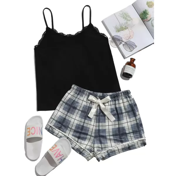 imageSweatyRocks Womens Sleepwear Set Plaid Print Cami Top and Elastic Waist Short Pajama SetGrey Blue
