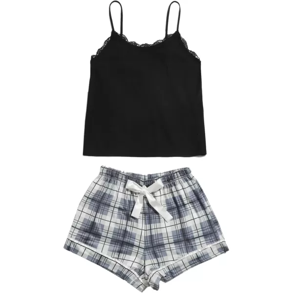 imageSweatyRocks Womens Sleepwear Set Plaid Print Cami Top and Elastic Waist Short Pajama SetGrey Blue