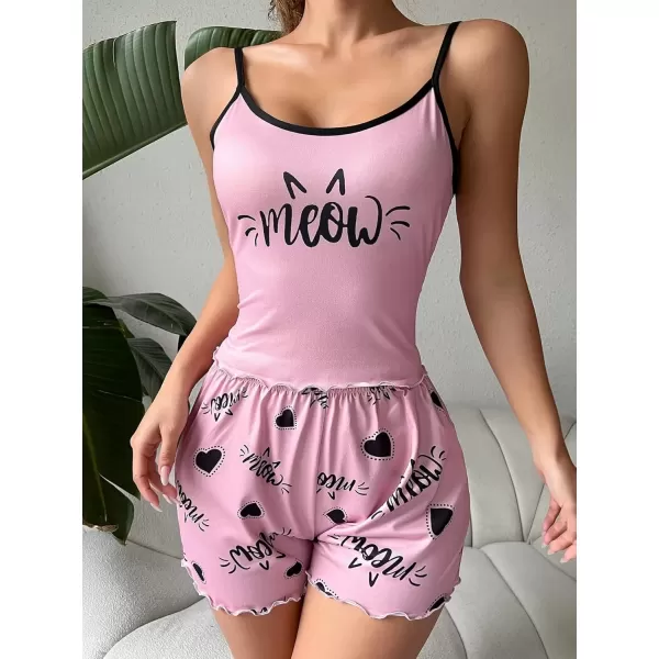 imageSweatyRocks Womens Sleepwear Set Plaid Print Cami Top and Elastic Waist Short Pajama SetPale Pink Cat