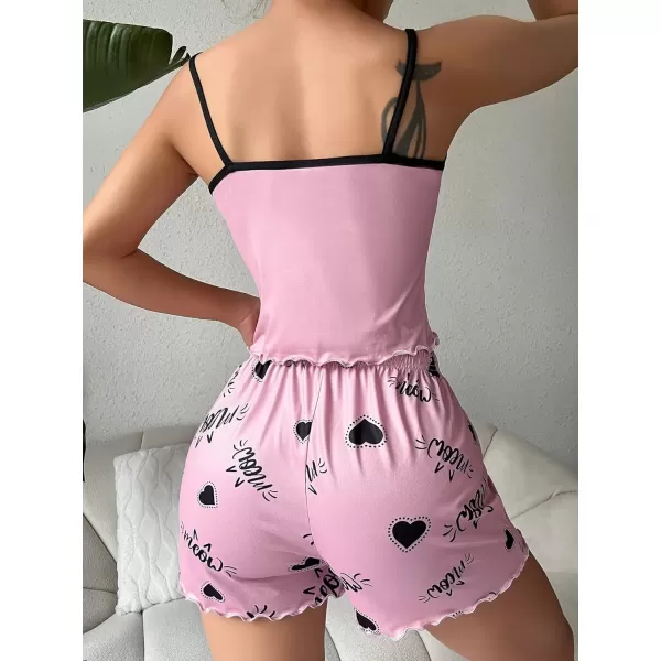 imageSweatyRocks Womens Sleepwear Set Plaid Print Cami Top and Elastic Waist Short Pajama SetPale Pink Cat