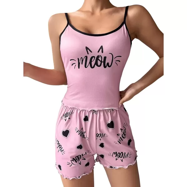 imageSweatyRocks Womens Sleepwear Set Plaid Print Cami Top and Elastic Waist Short Pajama SetPale Pink Cat
