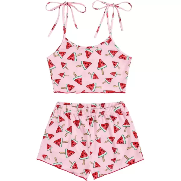 imageSweatyRocks Womens Summer Strawberry Print Cami Top and Shorts Sleepwear Pajamas SetPink and Red
