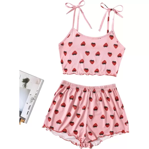 imageSweatyRocks Womens Summer Strawberry Print Cami Top and Shorts Sleepwear Pajamas SetStrawberry Pink